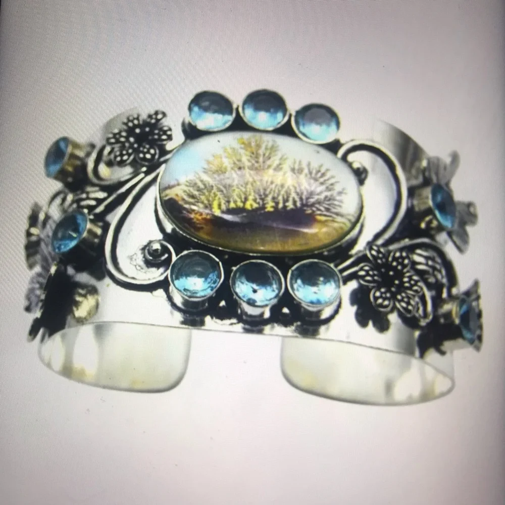 Dendritic Opal Blue Topaz Stamped 925 Sterling Silver Cuff Bracelet